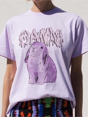 GANNI Lilac Bunny Print Logo T-Shirt
